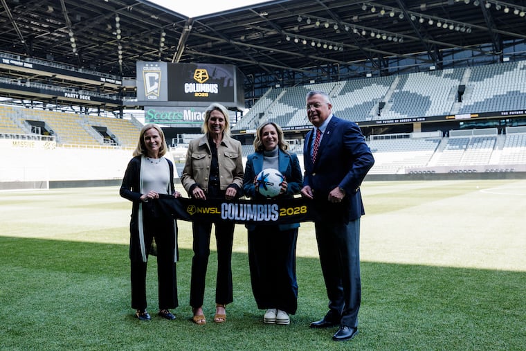 NWSL commissioner Jessica Berman (second from right) with local dignitaries at the announcement of Columbus' expansion team on Tuesday.