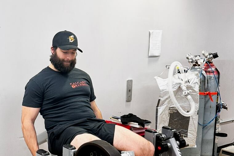 In the study, the participants' limbs were randomized to do exercises with heavy or light weights, as demonstrated by Derrick Van Every, a doctoral student in kinesiology at McMaster University in Ontario, Canada. Van Every was not part of the study. MUST CREDIT: Grace Lamont