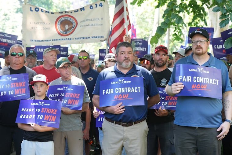 Peco employees and supporters gathered in Washington Square Park on June 25 as IBEW local 614 announced a strike deadline.