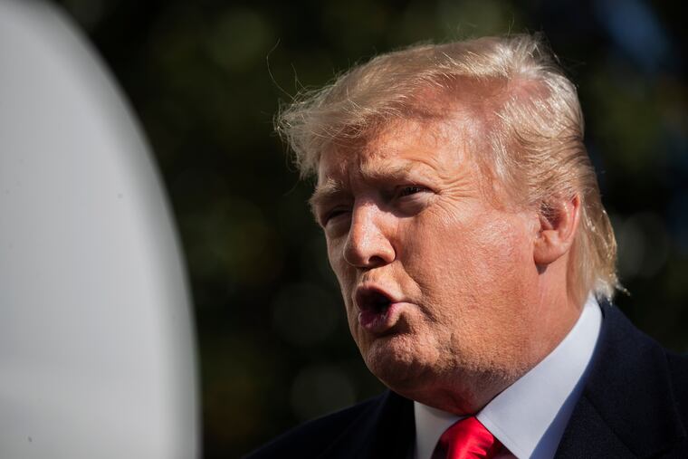 President Donald Trump speaks to reporters upon arrival at the White House in Washington, Sunday, Nov. 3, 2019.