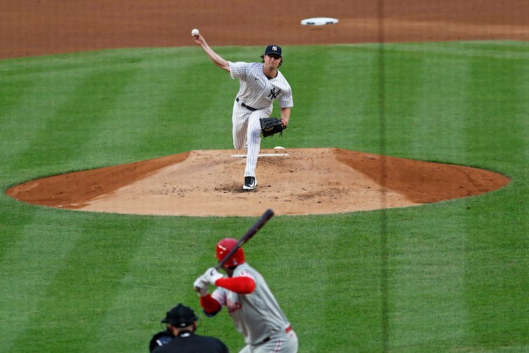 Yankees starter Gerrit Cole delivers to the Phillies' Didi Gregorius during the second inning at Yankee Stadium.