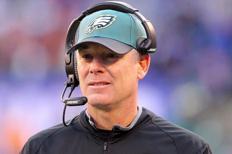 Philadelphia Eagles interim head coach Pat Shurmur looks on against the New York Giants during the third quarter at MetLife Stadium. The Eagles won 35-30.