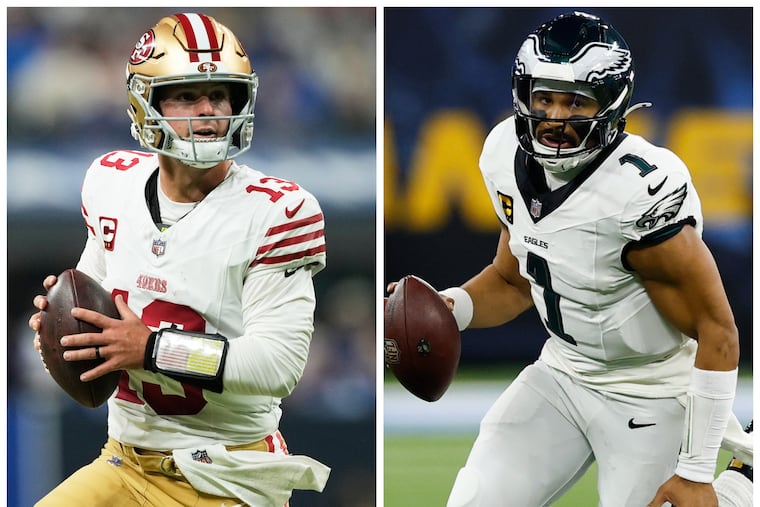 Brock Purdy (left) and the San Francisco 49ers will visit Jalen Hurts and the Eagles for a wild-card playoff game on Sunday.