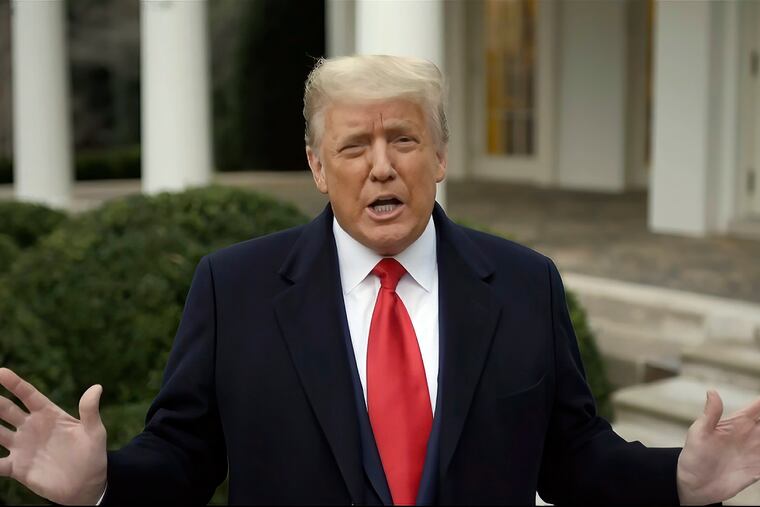 This exhibit from video released by the House Select Committee, shows President Donald Trump recording a video statement on the afternoon of Jan. 6, 2021, from the Rose Garden at the White House in Washington.