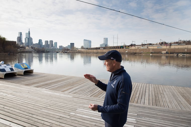 Paul Laskow, of the Schuylkill Navy, on a dock at boathouse row, April 11, 2018.