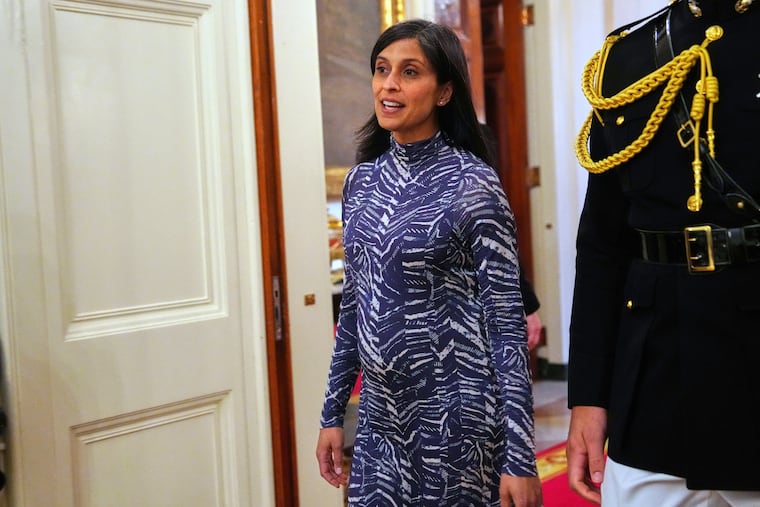 Second lady Usha Vance arrives at a women's history month event in the East Room at the White House, March 12, 2026, in Washington.