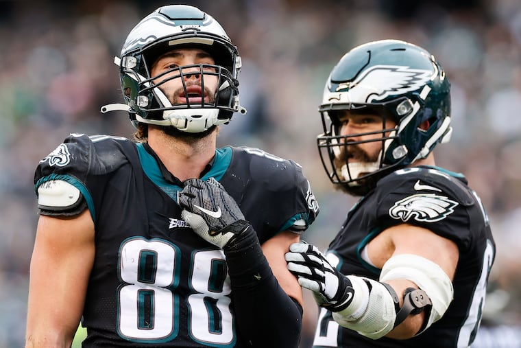 Eagles tight end Dallas Goedert with center Jason Kelce against the New Orleans Saints on Sunday, November 21, 2021 in Philadelphia.