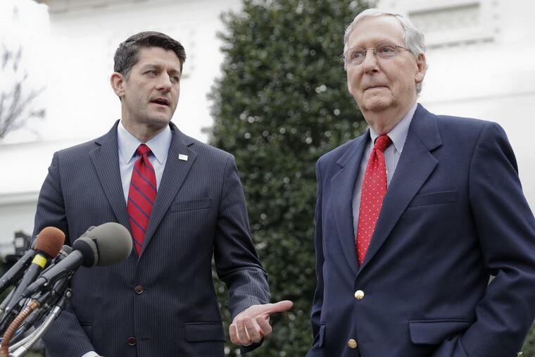 House Speaker Paul Ryan and Senate Majority Leader Mitch McConnell speak to reporters after a meeting with President Trump at the White House in February.