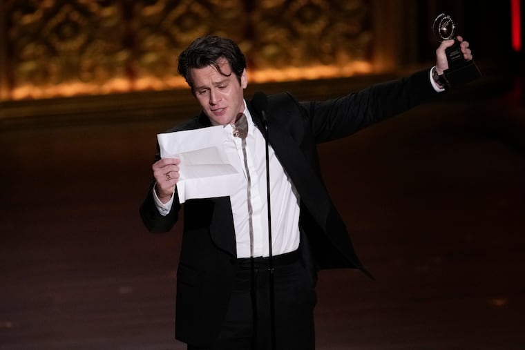 Jonathan Groff accepts the award for best performance by an actor in a leading role in a musical for "Merrily We Roll Along" during the 77th Tony Awards on Sunday, June 16, 2024, in New York. (Photo by Charles Sykes / Invision / AP)