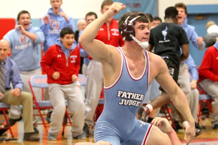 Father Judge's Nick Reidy celebrates his victory over La Salle's Kyle Landis. (Charles Fox/Staff Photographer)