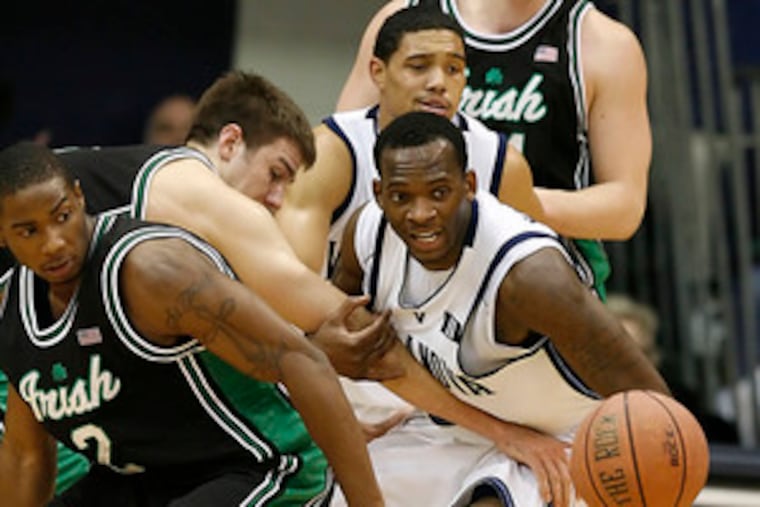 "I want to set the tone from beginning to end," says Curtis Sumpter, who fended off Notre Dame's Rob Kurz in a fight for a loose ball.