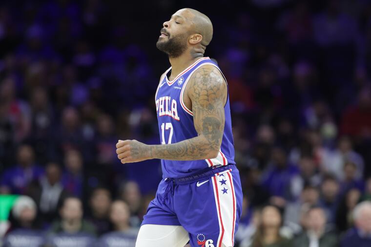 P.J. Tucker of the Sixers left the game against the Rockets with an injury during the first half of their game at the Wells Fargo Center on Feb. 13, 2023.