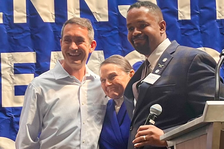 Eugene Depasquale, (left), stands with Pennsylvania Democratic Party Vice Chair Peggy Grove and State Sen. Sharif Street in Lancaster Saturday, Sept. 6. Street, of North Philadelphia resigned as party chair to run for congress. DePasquale was elected to replace him.