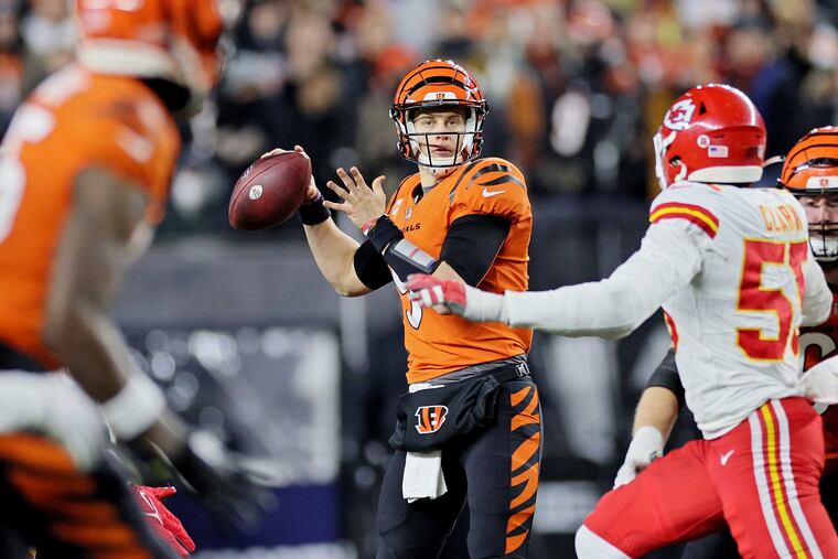 Joe Burrow looks to pass against the Chiefs during the second half of the Bengals' win over Kansas City in December.