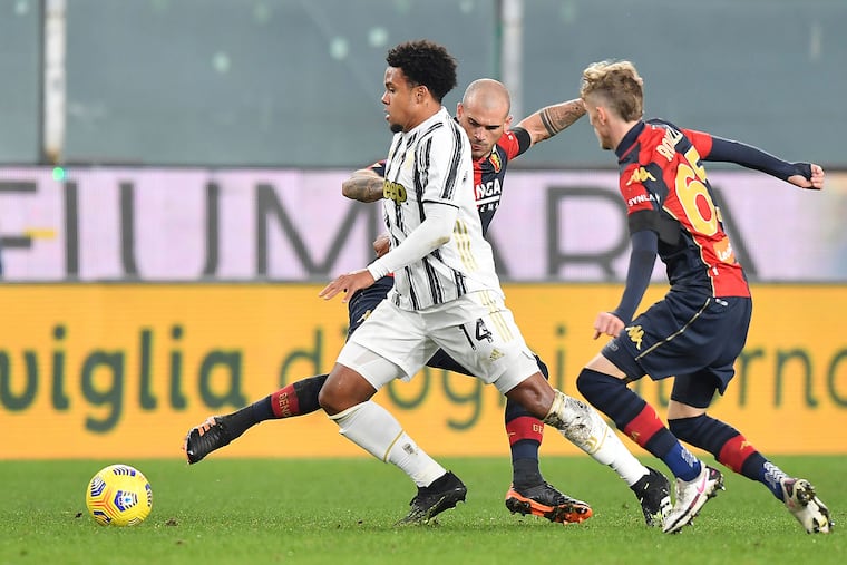 Juventus' American midfielder Weston McKennie, center, will be in the spotlight this weekend when CBS Sports starts a three-year run as the home of Serie A.