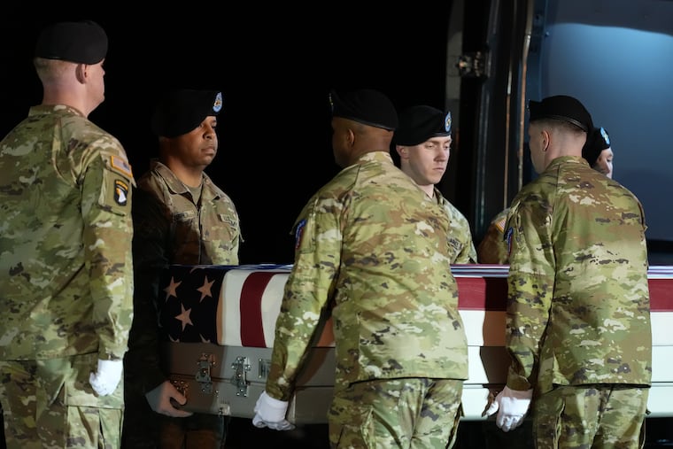 The remains of U.S. Army Sgt. Benjamin N. Pennington, 26, of Glendale, Ky., the seventh U.S. service member to die in combat during the Iran war, are brought home in a dignified transfer Monday at Dover Air Force Base, Del.