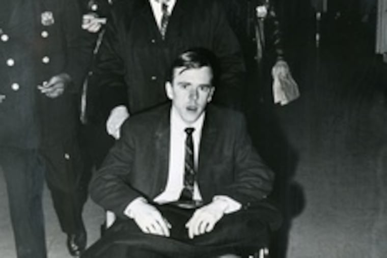 Former Officer Walter T. Barclay is escorted to the courtroom to testify against William J. Barnes, the man who shot him, in this newspaper photograph published in 1968.