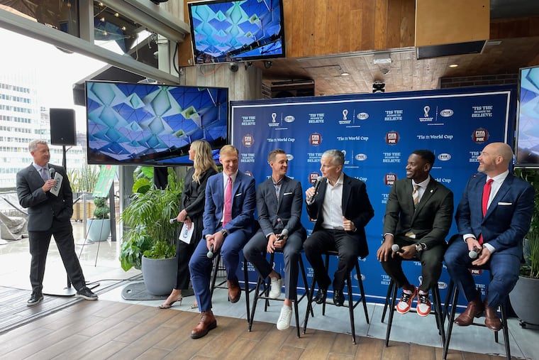 From left: Rob Stone, Jenny Taft, Alexi Lalas, Stuart Holden, David Neal, Maurice Edu and John Strong at a Fox Sports event previewing the network's men's World Cup soccer coverage in New York in October.
