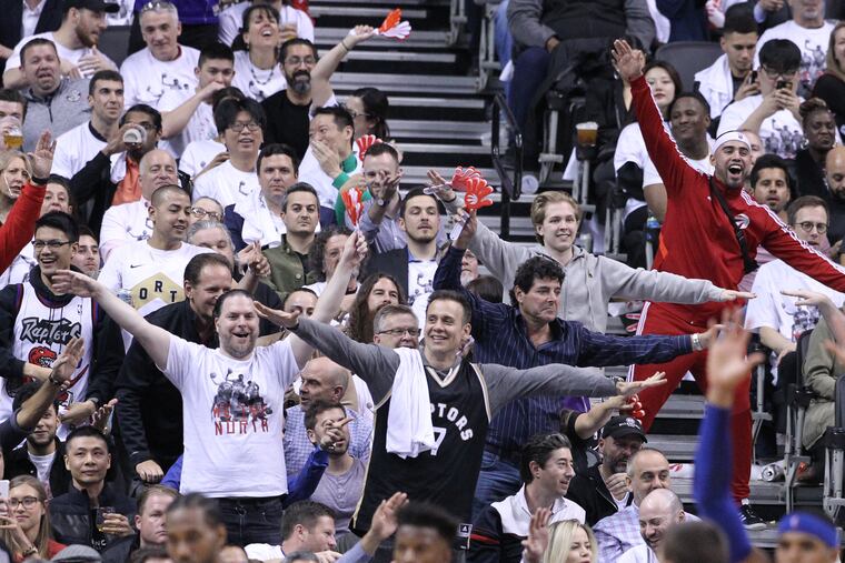Raptors fans mocked 76ers center Joel Embiid for his flying celebration during Game 3 of the series as he left Game 5 of the teams' Eastern Conference semifinal series.