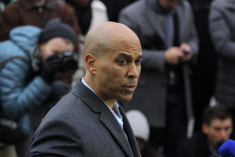 Sen. Cory Booker speaking outside his house in Newark, N.J., on Friday, Feb. 1, 2019.