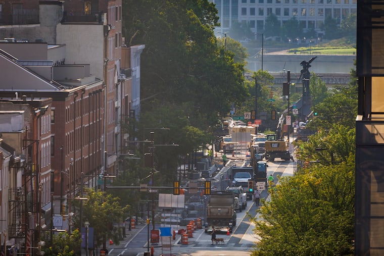 Construction shuts down westbound Market Street in Old City, Philadelphia, on Monday, August 4, 2025.