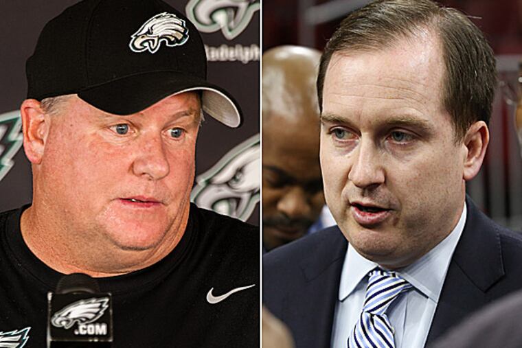 Eagles head coach Chip Kelly and 76ers general manager Sam Hinkie. (Staff and USA Today photos)