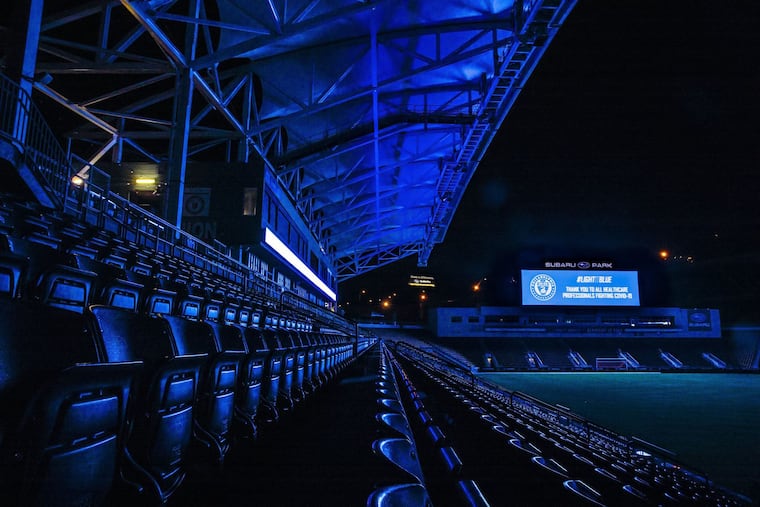 The Union lit up Subaru Park in blue on Tuesday as part of the region-wide salute to health care workers on the front lines of the coronavirus epidemic.