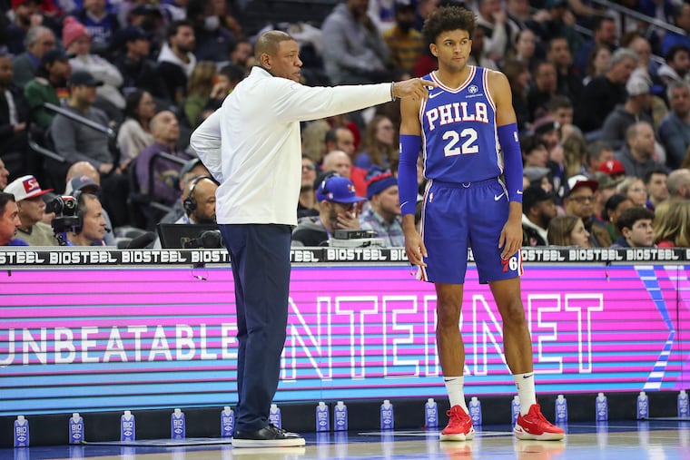 Sixers head coach Doc Rivers coaches Philadelphia 76ers guard Matisse Thybulle during a game against the Detroit Pistons at the Wells Fargo Center in Philadelphia on Wednesday, Dec. 21, 2022.