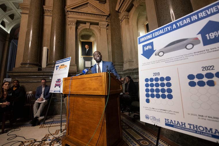 Councilmember Isaiah Thomas speaks during a press conference discussing his "driving equality" legislation in 2023.