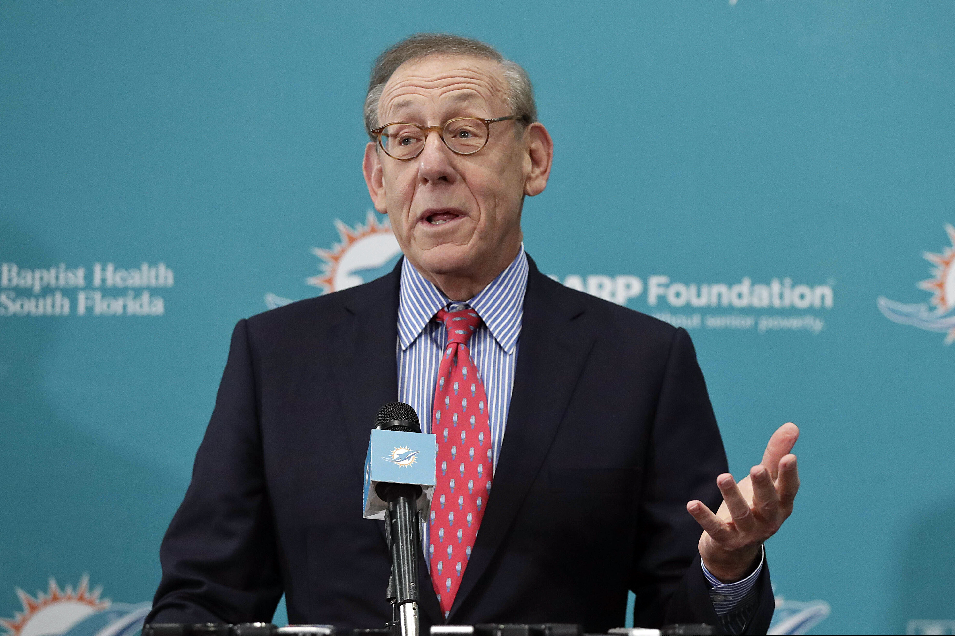 FILE - In this Feb. 4, 2019, file photo, Miami Dolphins owner Stephen Ross speaks in Davie, Fla. Ross, a billionaire New York investor who is hosting a high-dollar fundraiser for President Donald Trump also has a financial interest in the president’s business empire.