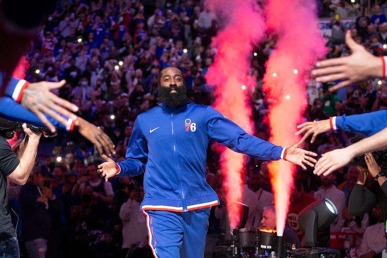 James Harden of the Sixers being introduced as part of the starting lineup in his first home game since being traded to the the Sixers. The Sixers were playing the Knicks at the Wells Fargo Center on March 2, 2022.