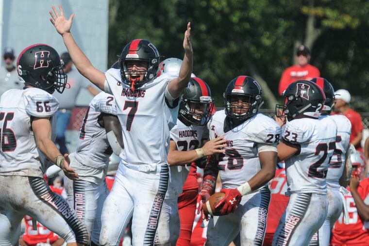 Haddonfield's Drew Gavranich (7) celebrates a Bulldawgs score on Saturday against St. Joseph.