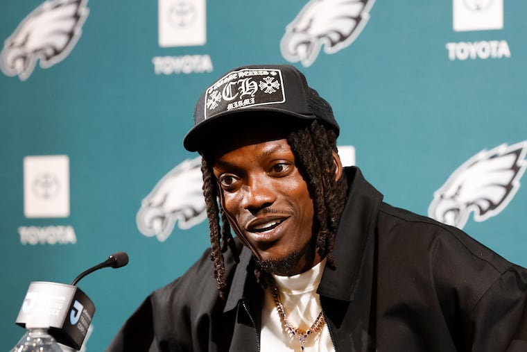 New Eagles cornerback Riq Woolen meets with the media at the Jefferson Health Training Complex on Thursday.