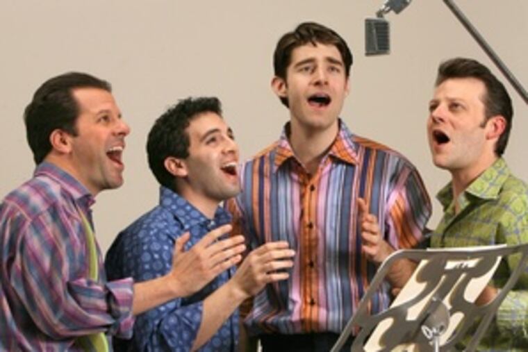 Jarrod Spector (second from left) rehearses for "Jersey Boys" with (from left) Steve Gouveia, Andrew Gehling, Jeremy Kushnier. (See "Walk Like a Man.")