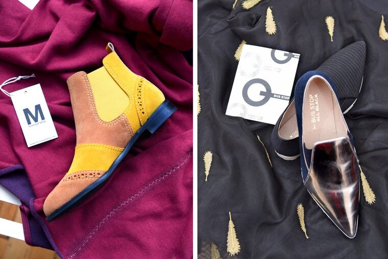 LEFT: Shoes by Elena Brennan are photographed at her Bus Stop Boutique on South 4th St. with an exclusive cloak that Ethan Nguyen of MConcept on South St. RIGHT: A long black dress by Ethan Nguyen is photographed at his MConcept on South St. with shoes that Elena Brennan of Bus Stop Boutique on South 4th St. The two Philadelphia stores are bridging the Broad Street divide December 4, 2107, by offering each other's customers exclusives from both of their collections. TOM GRALISH / Staff Photographer