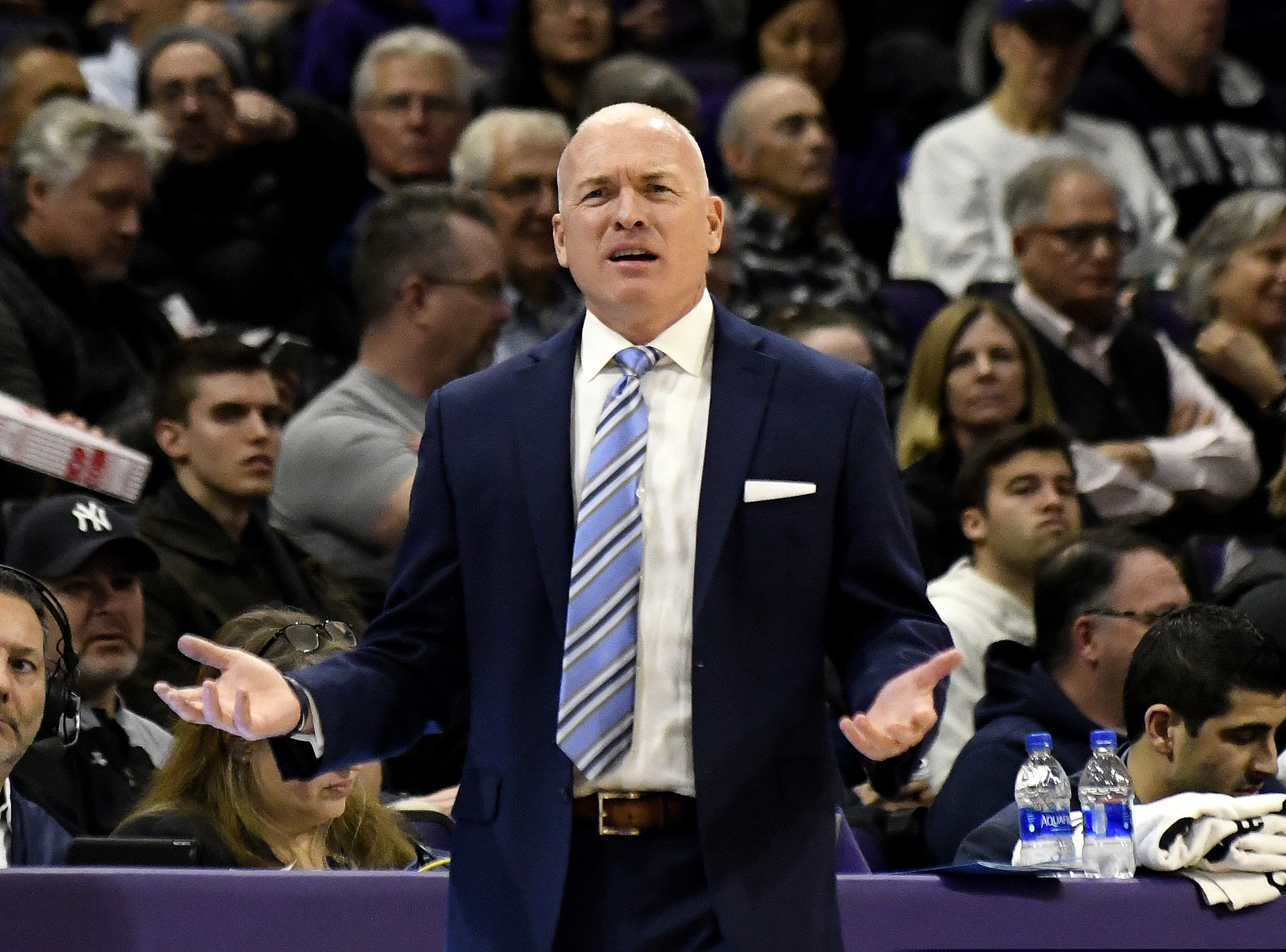 Penn State head coach Pat Chambers gestures to his team during the first half of an NCAA college basketball game against Northwestern Monday, Feb. 4, 2019, in Evanston, Ill.