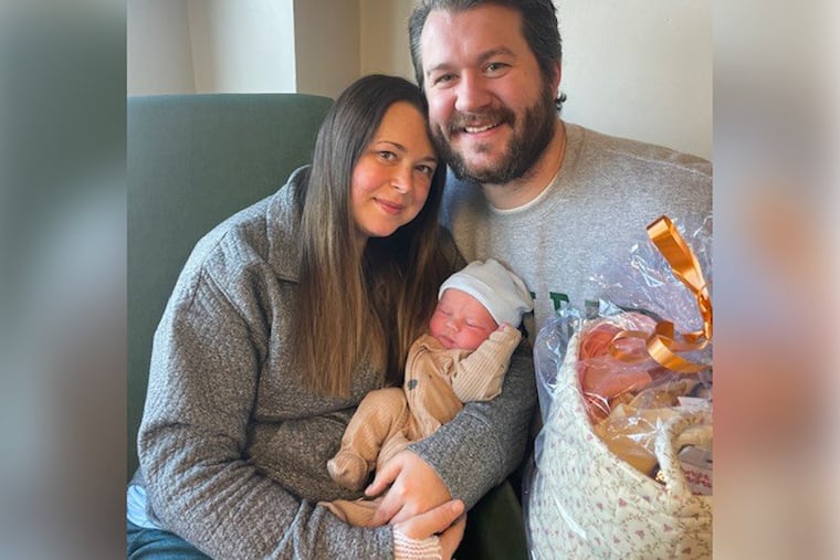 Sarah and Ryan Schamp of Ambler with their son Henry, who was born at midnight Jan. 1, 2026, at Penn Medicine Doylestown Hospital.