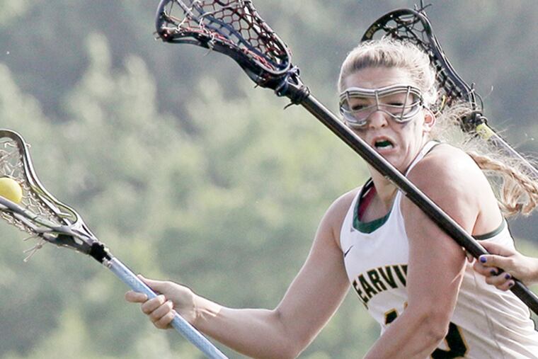 Clearview's # 19 Hannah Quast runs into a few sticks while charging up the field in the second half of the Eastern at Clearview HS SJ Group 4 girls' lacrosse tournament on May 19, 2015. (ELIZABETH ROBERTSON /Staff Photographer)