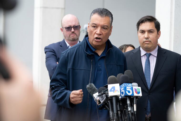 Sen. Alex Padilla (D., Calif.) makes a brief statement to the media after he was forcibly removed from a news conference with Homeland Security Secretary Kristi Noem in Los Angeles on June 12.