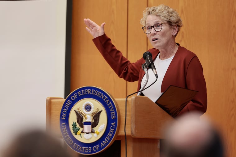 U.S. Rep. Chrissy Houlahan (D., Chester) speaks during her town hall meeting at the Chester County Intermediate Unit in Downingtown, Pa. on Thursday, Oct. 2, 2025.