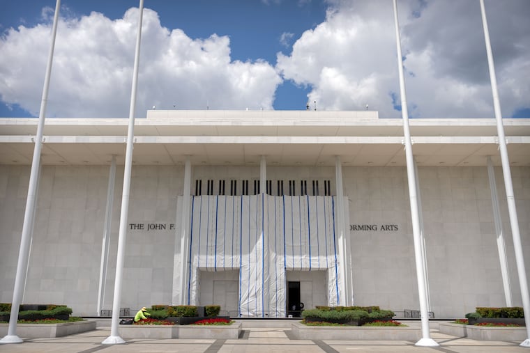 The exterior of the Kennedy Center is seen, Friday, July 31, 2026, in Washington. The venue's board voted Thursday to add the words "Restored and Renovated By President Donald J. Trump" to its facade.