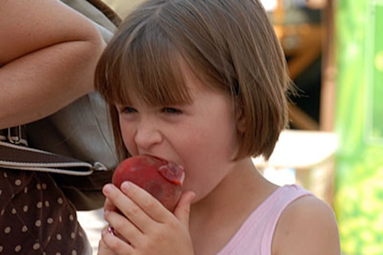 Abby Knight, 7, samples the featured fruit during the peach festival at the Collingswood Farmers’ Market. Gov. Corzine designated August as Peach Month in New Jersey. (Ron Tarver / Staff Photographer)