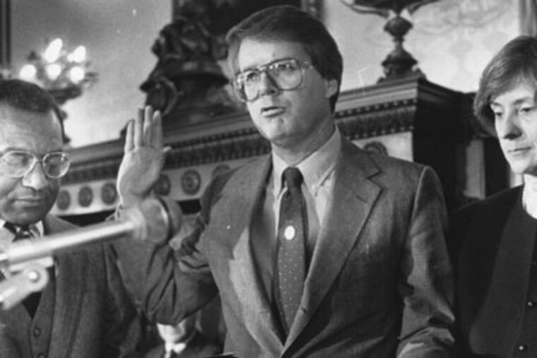 o-ptucker20. Daily News Photo. Swearings in/Goode State of City Message at City Hall. New Police Commissioner Kevin M. Tucker is sworn in by managing director John White as Tucker's wife Judith and mother Chatherine look on. Photo by G. Loie Grossmann.