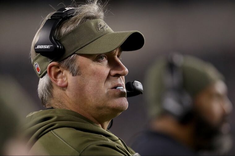 Eagles head coach Doug Pederson watches as the Cowboys drive down the field in the 4th quarter. Eagles lose 27-20 to the Dallas Cowboys at Lincoln Financial Field in Philadelphia, PA on November 11, 2018. DAVID MAIALETTI / Staff Photographer