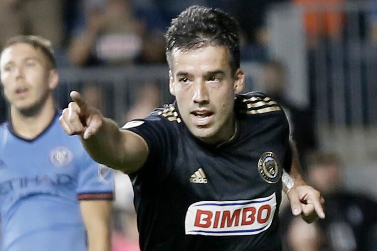 Union's # 25 Ilsinho begins to celebrate after scoring the Union's 2nd goal of the game in the 76th minute of the New York City FC at Philadelphia Union soccer match at Talen Energy Stadium in Chester, Pa. on Aug. 18, 2018.