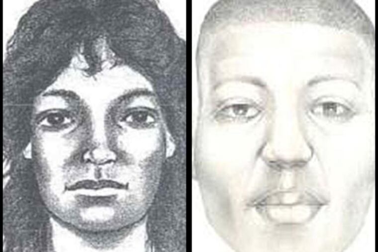 Composite sketches of two still-unidentified people who turned up on the banks of the Delaware River: a man found (right) mostly skeletonized in Gloucester County on New Year's Eve 2008, and a woman found stuffed in a mail bag in Pennsauken in 1996 (left).