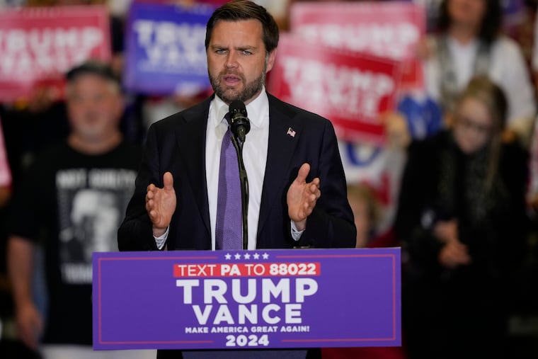 Republican vice presidential nominee Sen. JD Vance, R-Ohio, speaks during a campaign event on Wednesday in Williamsport, Pa.