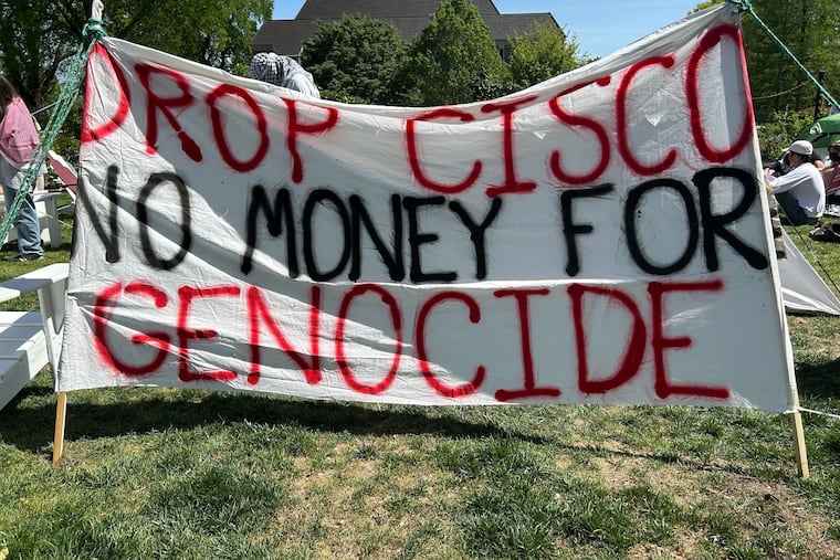 A major difference from last year's encampment is that the protesters specifically demand that Swarthmore divest from Cisco because of its contracts with the Israeli government.