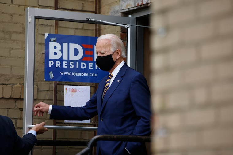 Democratic presidential candidate, former Vice President Joe Biden arrives at Carlette's Hideaway, a soul food restaurant, to speak with small business owners, on June 17, 2020, in Yeadon.