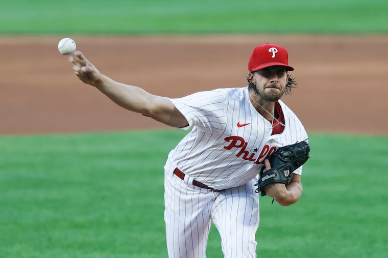 Phillies pitcher Aaron Nola struck out six and allowed two earned runs against the Nationals on Saturday.